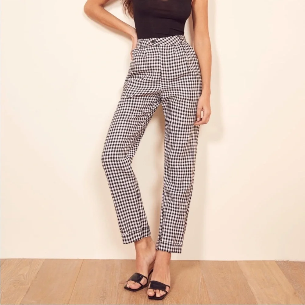 NWT Reformation Tanner April Black White Checkered 100% Linen Pant Size 4